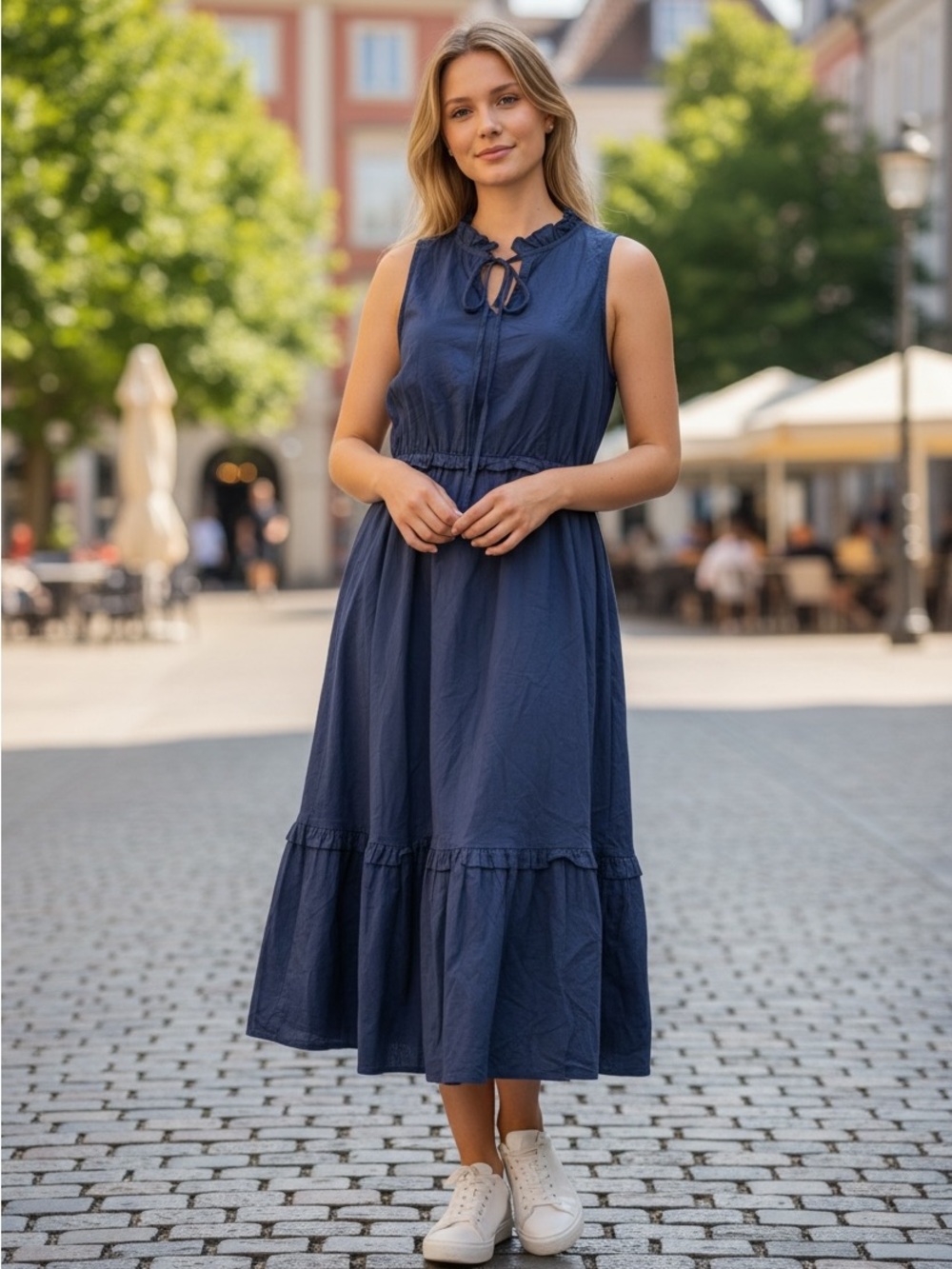 J Crew Sleeveless Navy Tie-Neck cotton  Midi Dress with pockets